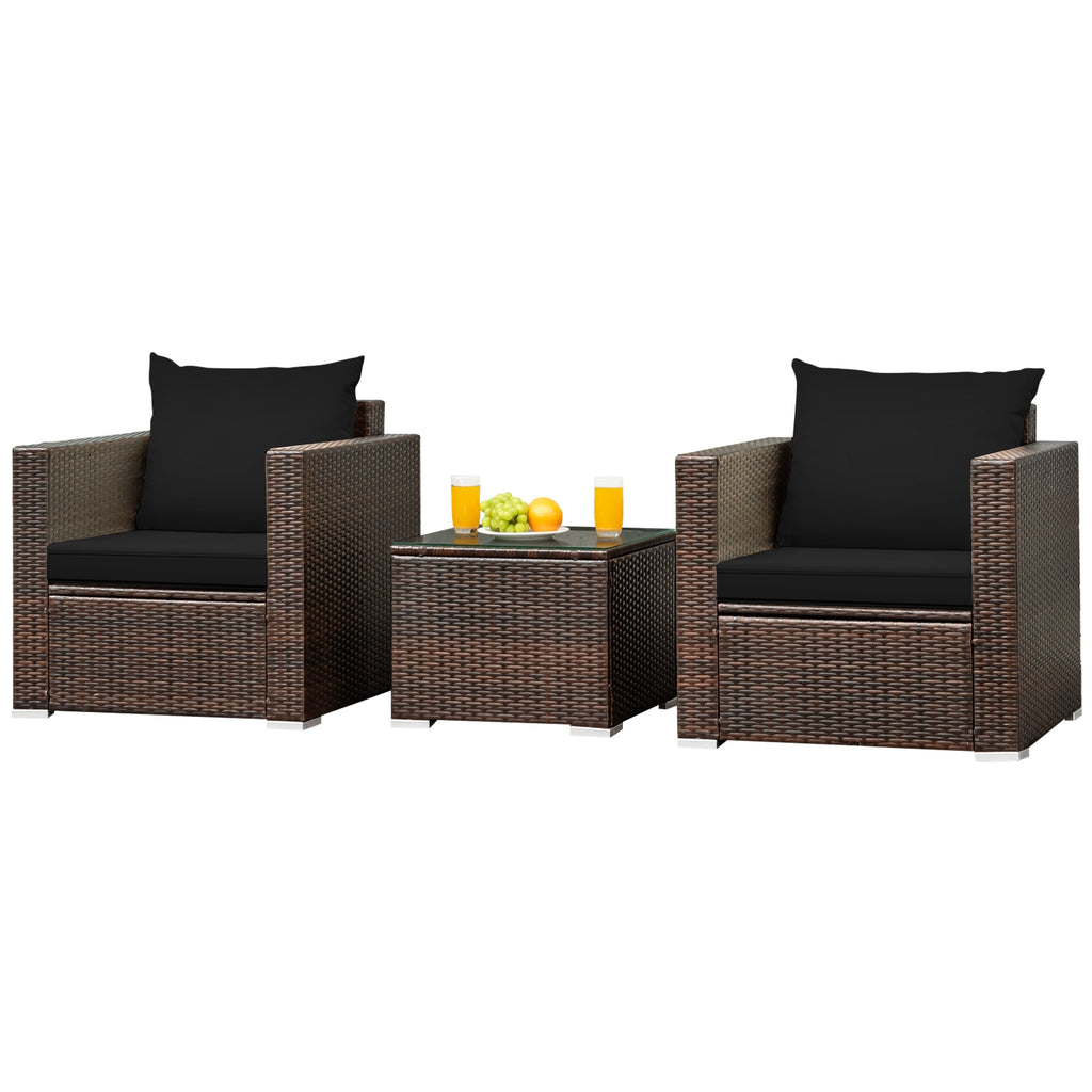 Ensemble de meubles de conversation en rotin 3 pièces avec coussin - Noir