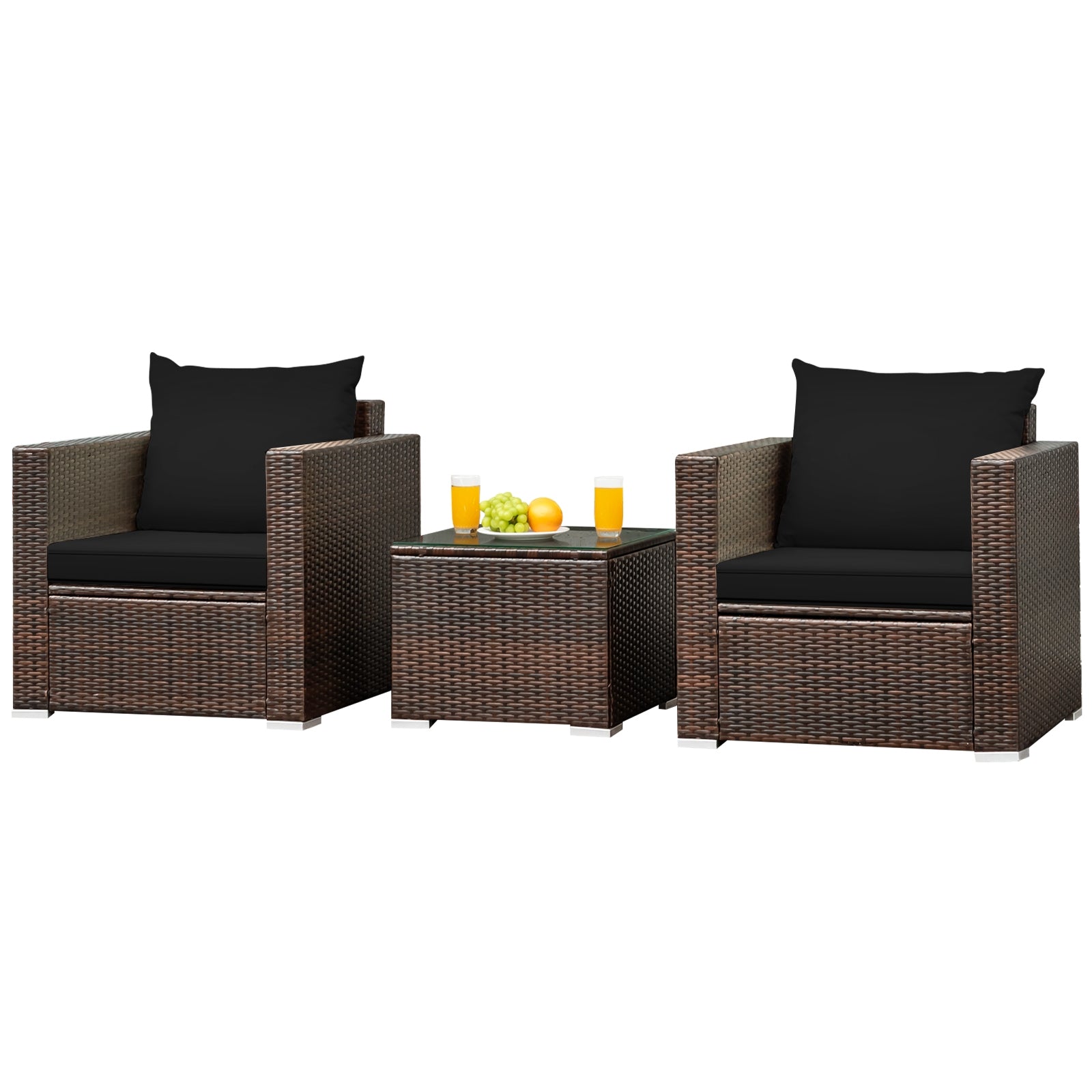 Ensemble de meubles de conversation en rotin 3 pièces avec coussin - Noir