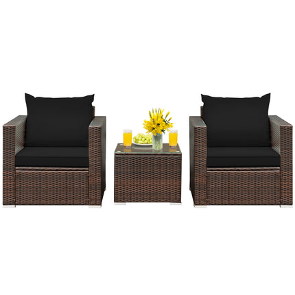 3 Pcs Patio Conversation Rattan Furniture Set with Cushion-Black