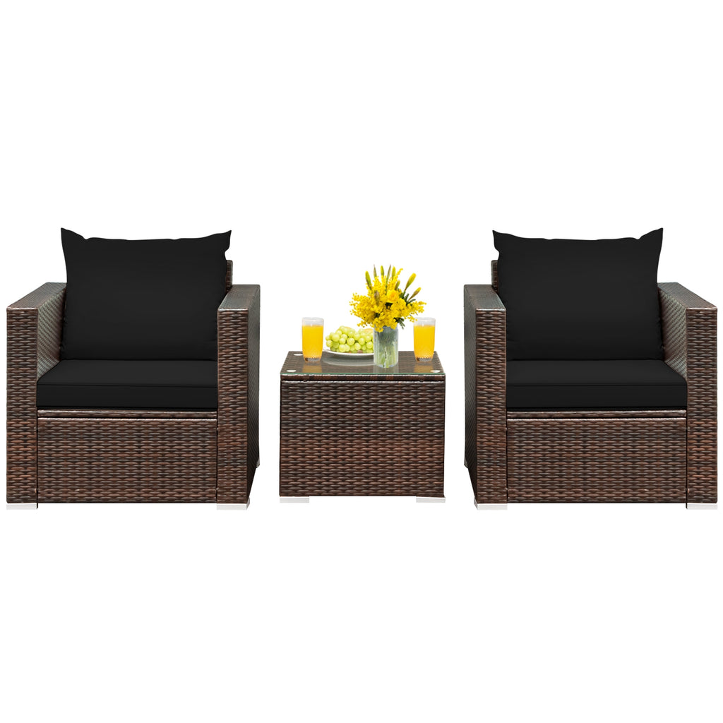 Ensemble de meubles de conversation en rotin 3 pièces avec coussin - Noir