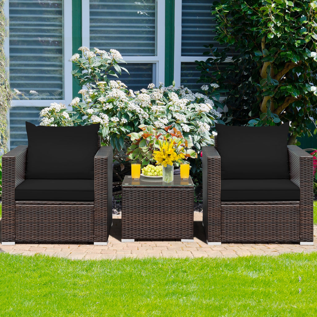 Ensemble de meubles de conversation en rotin 3 pièces avec coussin - Noir