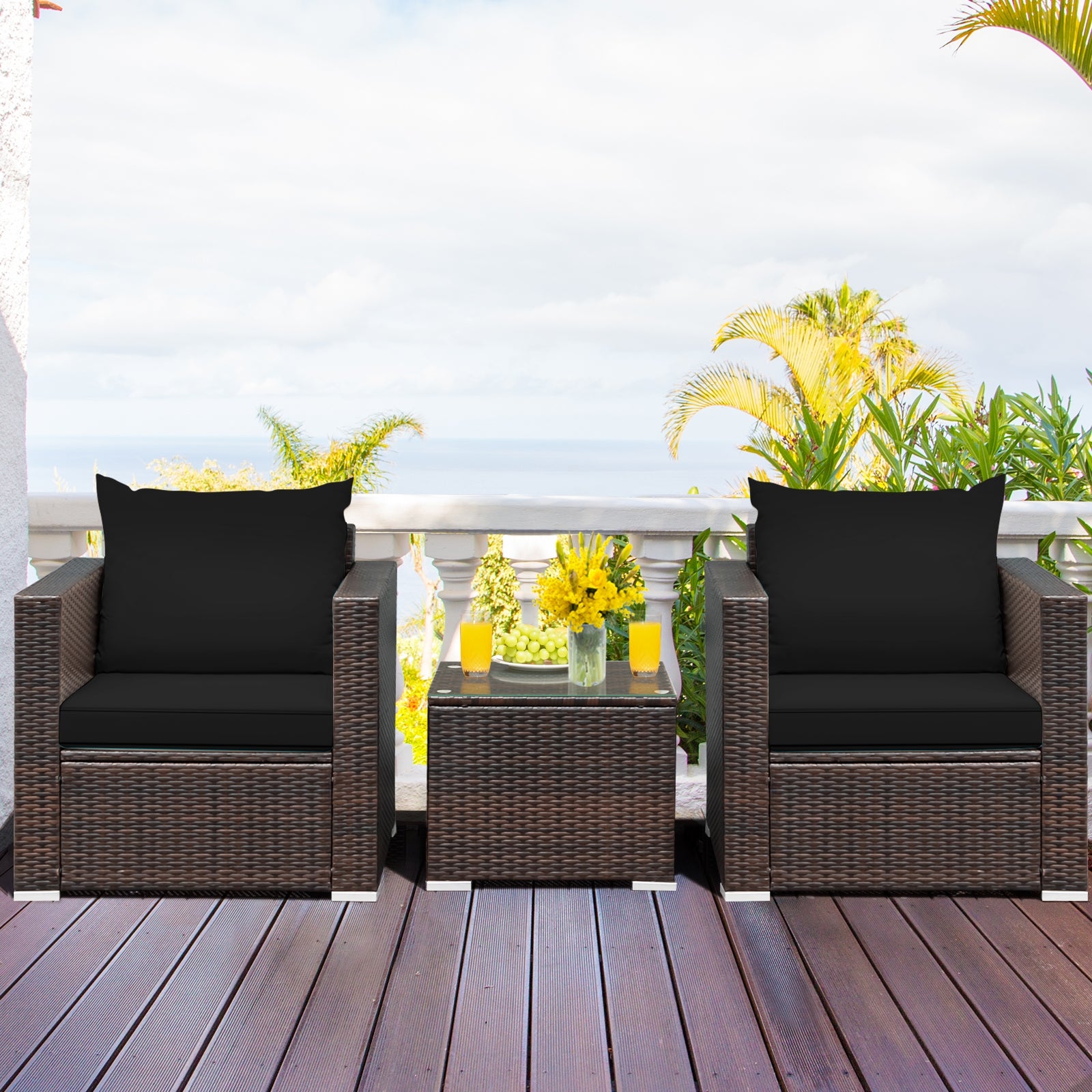Ensemble de meubles de conversation en rotin 3 pièces avec coussin - Noir