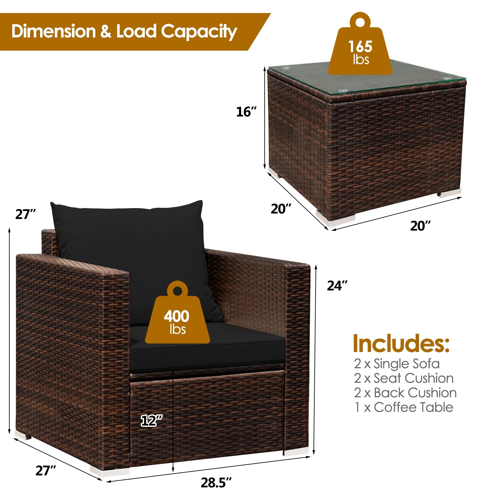 Ensemble de meubles de conversation en rotin 3 pièces avec coussin - Noir