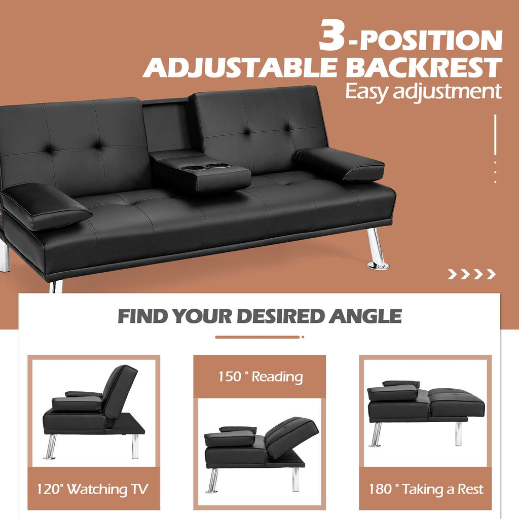 Convertible Folding Leather Futon Sofa with Cup Holders and Armrests-Black