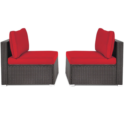 2 Pieces Patio Rattan Armless Sofa Set with 2 Cushions and 2 Pillows-Red