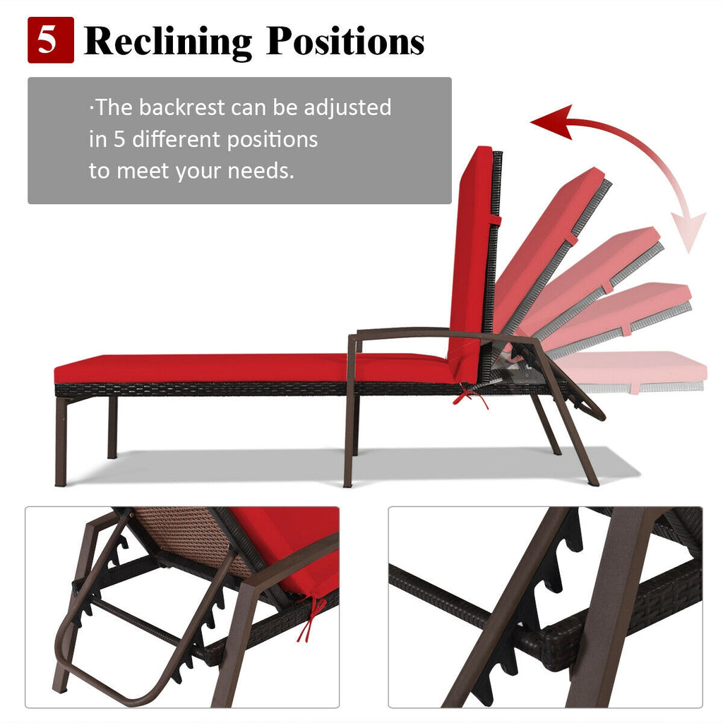 Chaise longue inclinable en rotin pour patio avec dossier réglable et coussin