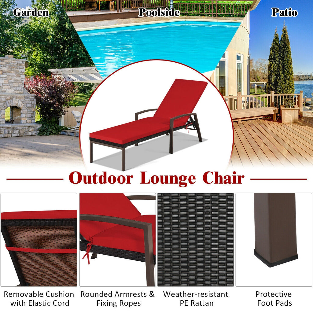 Chaise longue inclinable en rotin pour patio avec dossier réglable et coussin