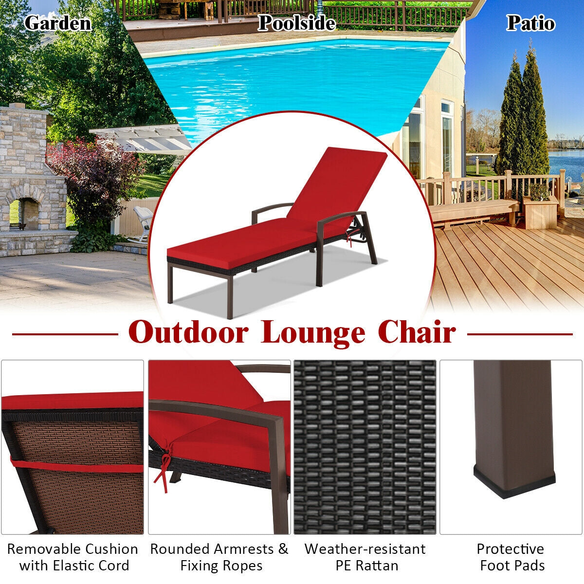 Chaise longue inclinable en rotin pour patio avec dossier réglable et coussin