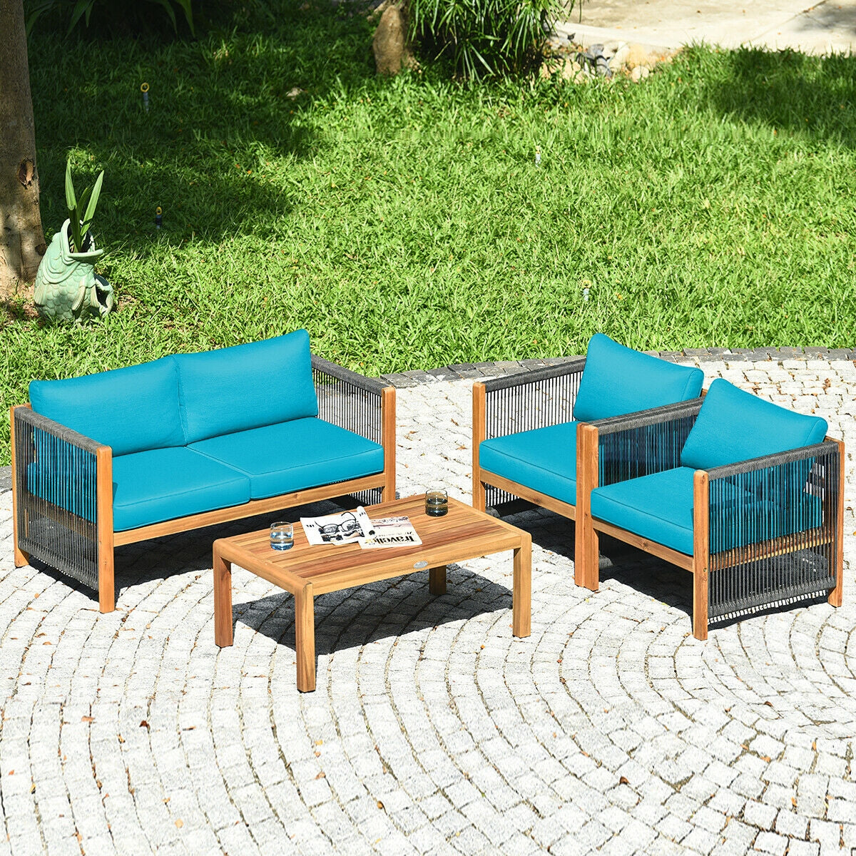 Ensemble de 4 meubles de patio extérieurs en bois d'acacia avec coussins – Turquoise