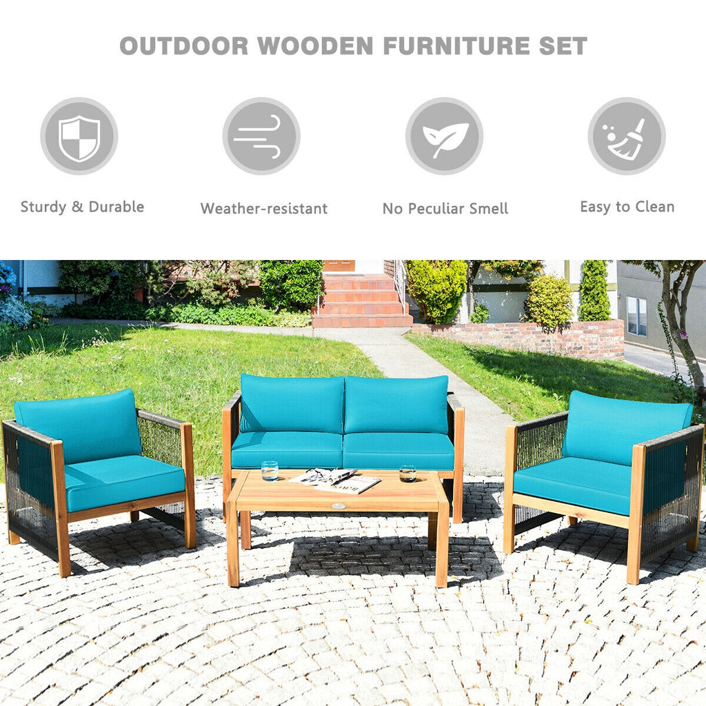 Ensemble de 4 meubles de patio extérieurs en bois d'acacia avec coussins – Turquoise