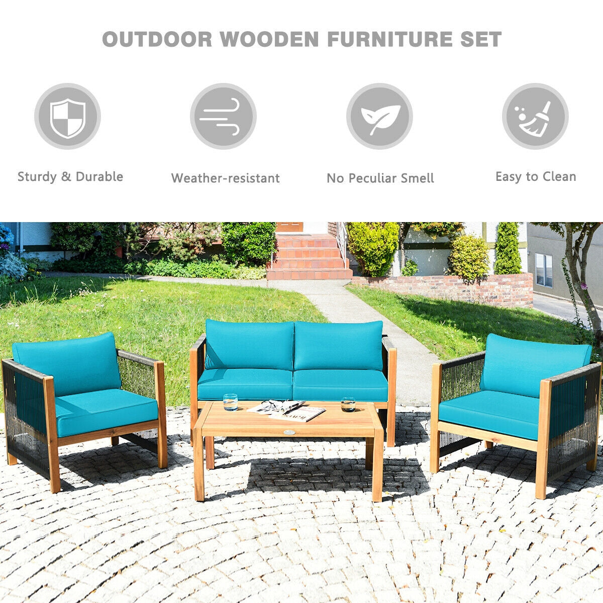 Ensemble de 4 meubles de patio extérieurs en bois d'acacia avec coussins – Turquoise