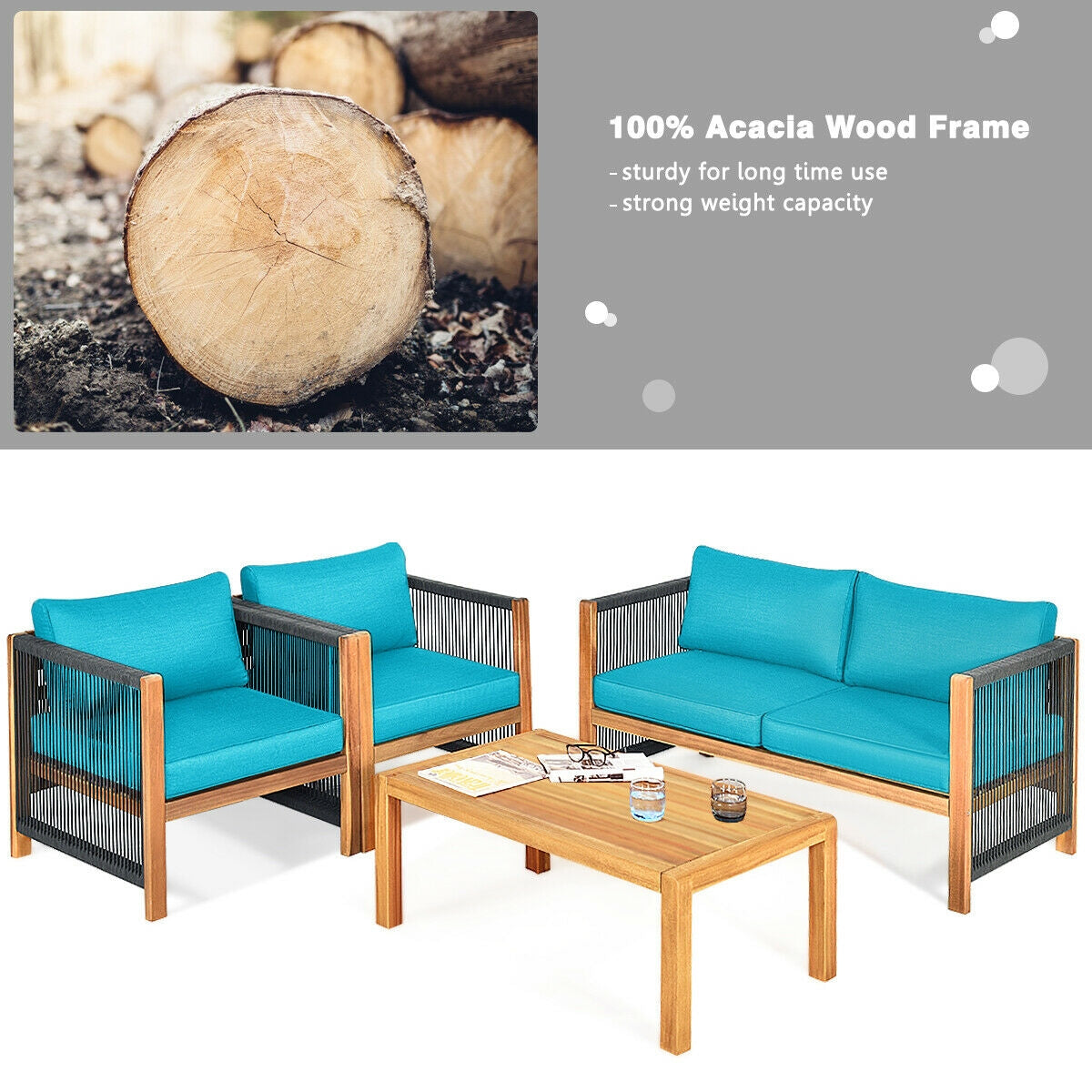 Ensemble de 4 meubles de patio extérieurs en bois d'acacia avec coussins – Turquoise