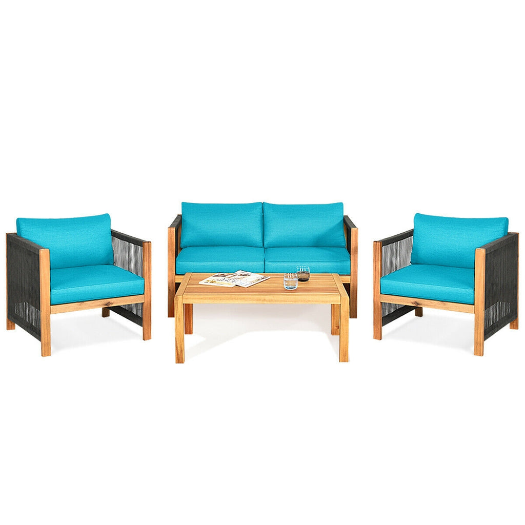 Ensemble de 4 meubles de patio extérieurs en bois d'acacia avec coussins – Turquoise
