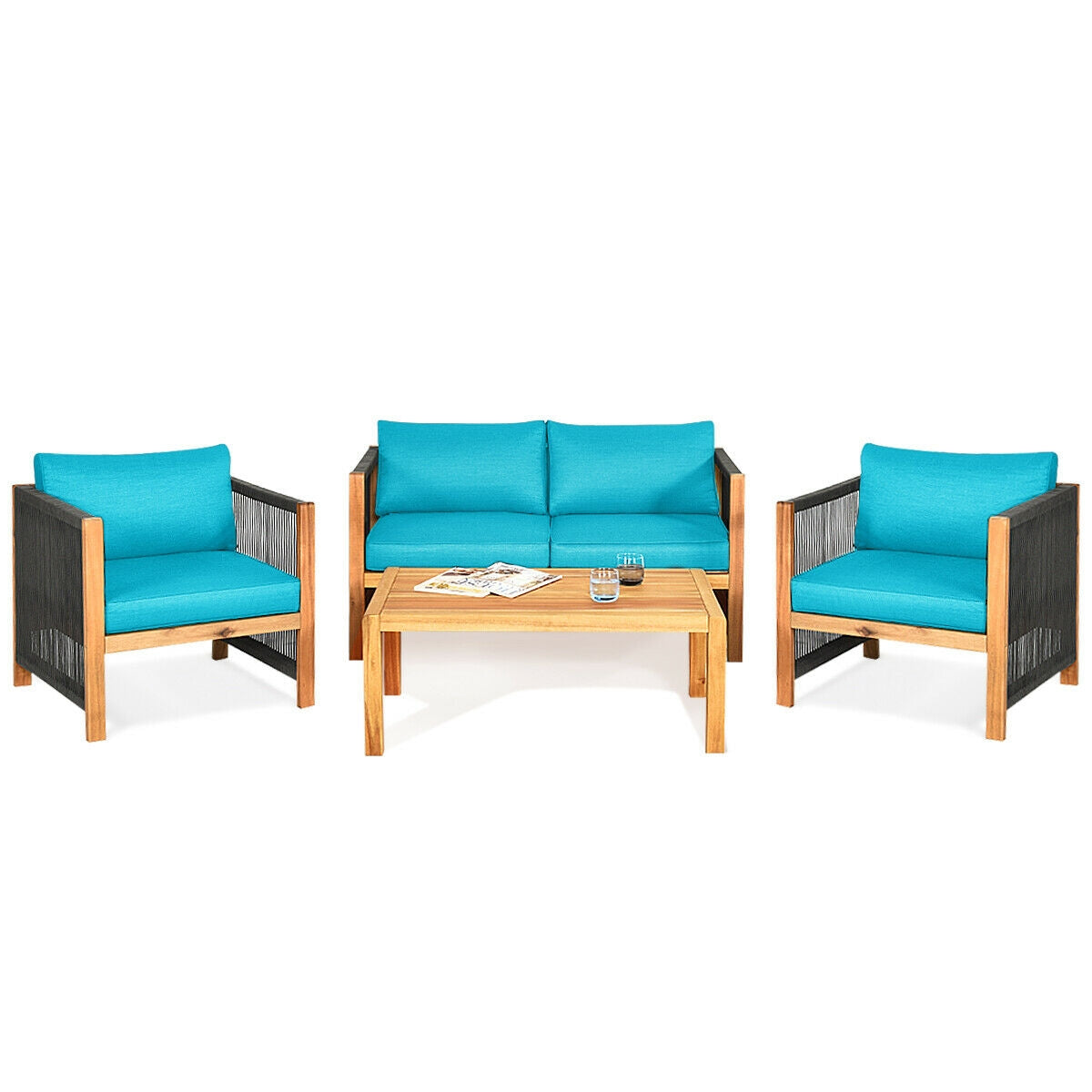 Ensemble de 4 meubles de patio extérieurs en bois d'acacia avec coussins – Turquoise