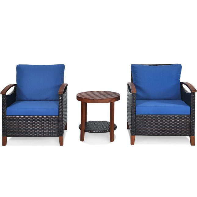3 Pcs Solid Wood Frame Patio Rattan Furniture SetBlue