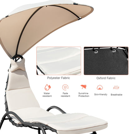 Chaise Lounge Swing with Wide Canopy Sun Shade and Soft Cushion-Beige