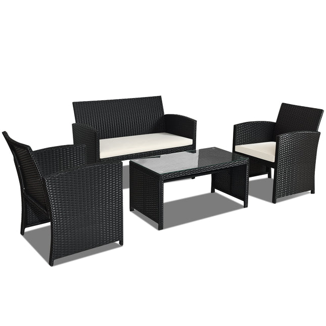 4 Pieces Rattan Patio Furniture Set with Weather Resistant Cushions and Tempered Glass TabletopWhite