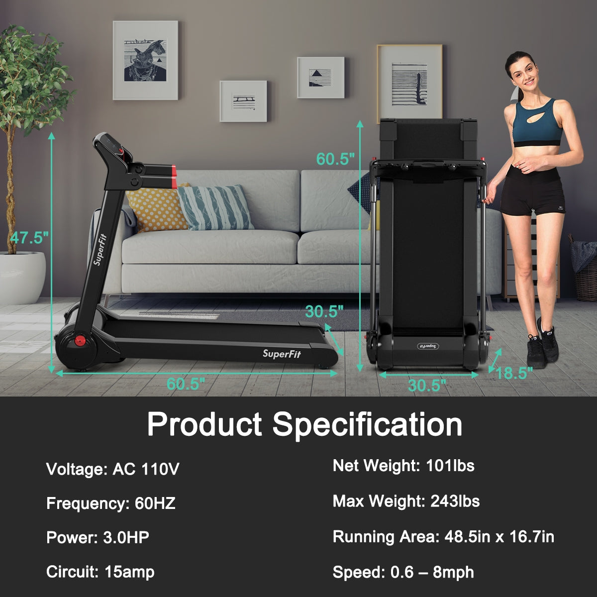 3HP Folding Electric Treadmill Running Machine-Red