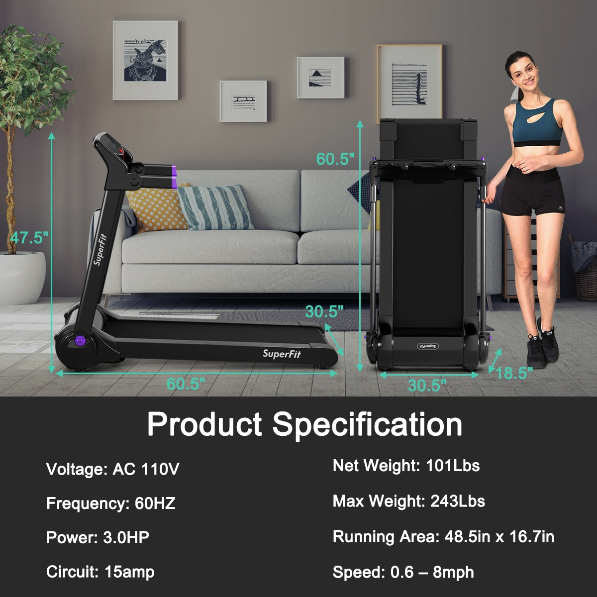 3HP Folding Electric Treadmill Running Machine-Purple