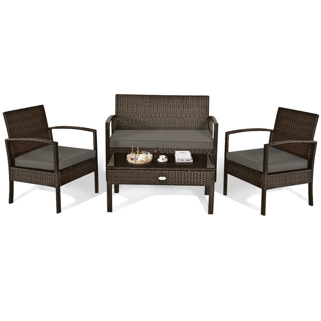 4 Pieces Patio Rattan Cushioned Furniture Set with Loveseat and Table Brown