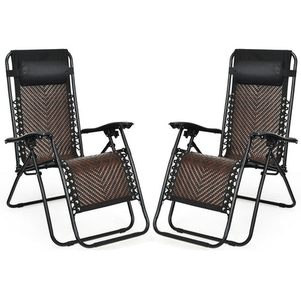 2 Pieces Folding Patio Rattan Zero Gravity Lounge Chair-Coffee