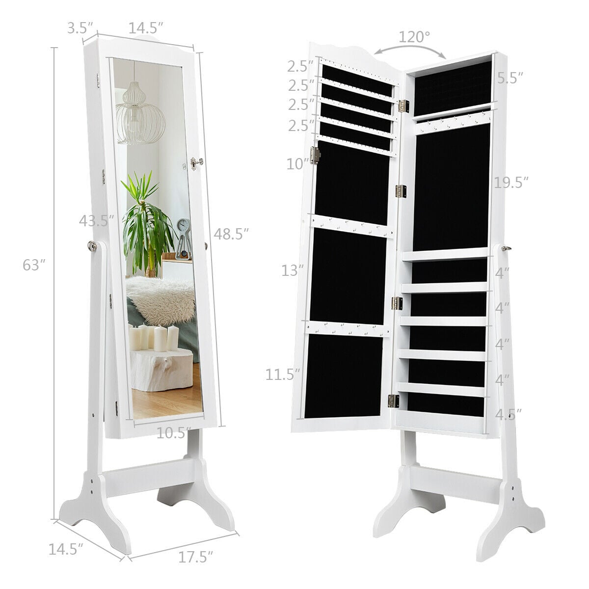 Mirrored Lockable Jewelry Cabinet Armoire Organizer Storage Box-White