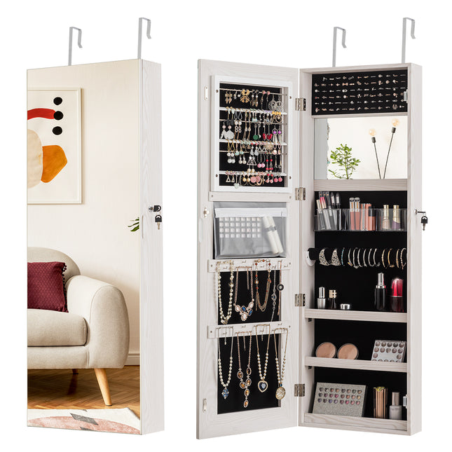 Lockable Storage Jewelry Cabinet with Frameless Mirror-White