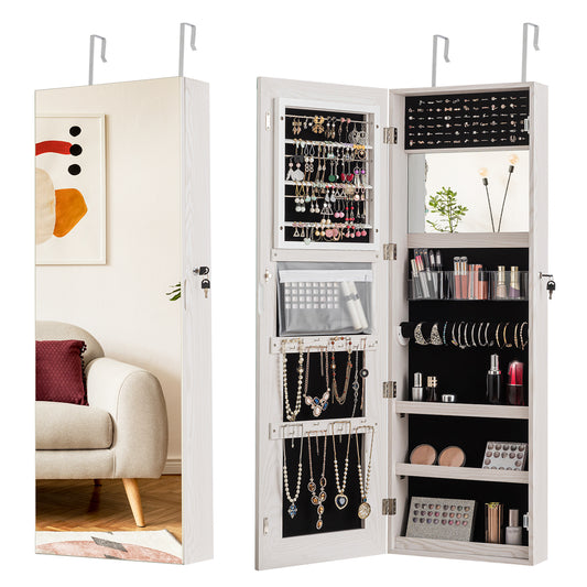 Lockable Storage Jewelry Cabinet with Frameless Mirror-White