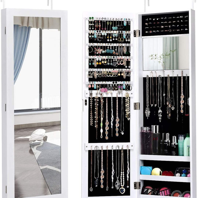 Wall Door Mounted Mirrored Jewelry Cabinet Storage Organizer-White