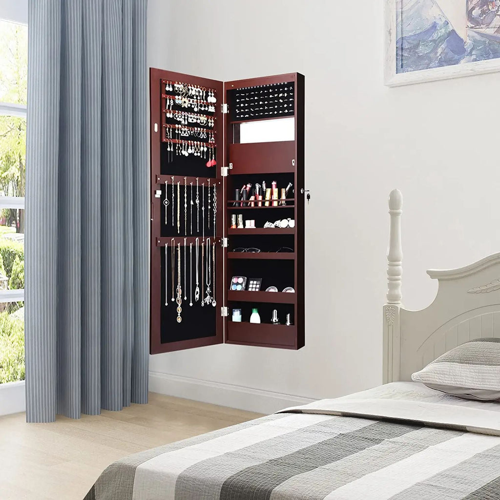 Lockable Wall Door Mounted Mirror Jewelry Cabinet with LED Lights-Brown