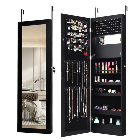 Lockable Wall Door Mounted Mirror Jewelry Cabinet with LED Lights-Black