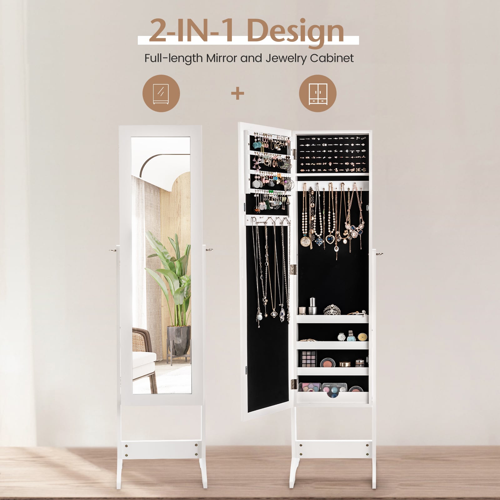New Mirrored Jewelry Cabinet Armoire Mirror Organizer Storage Box Ring w/ Stand-White