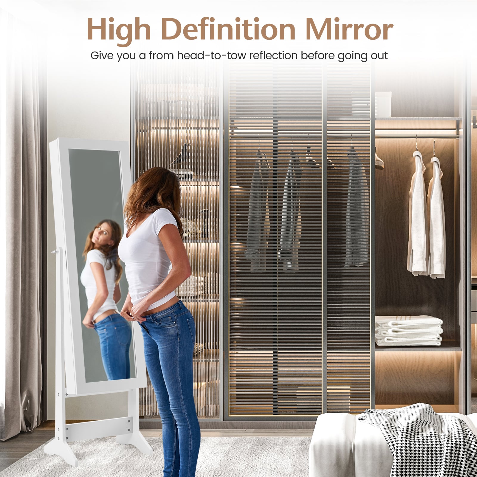 New Mirrored Jewelry Cabinet Armoire Mirror Organizer Storage Box Ring w/ Stand-White
