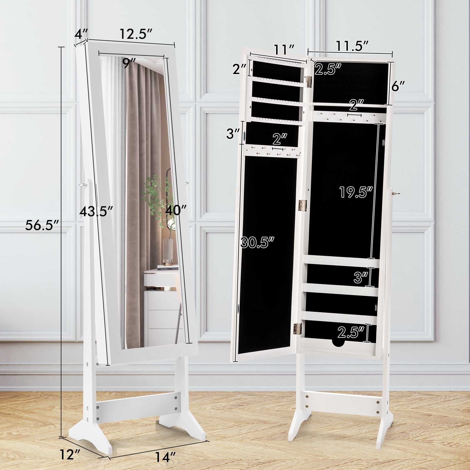 New Mirrored Jewelry Cabinet Armoire Mirror Organizer Storage Box Ring w/ Stand-White