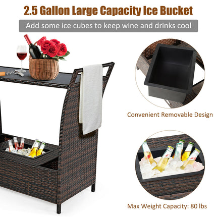 Patio Rattan Bar Serving Cart with Glass Top and Handle