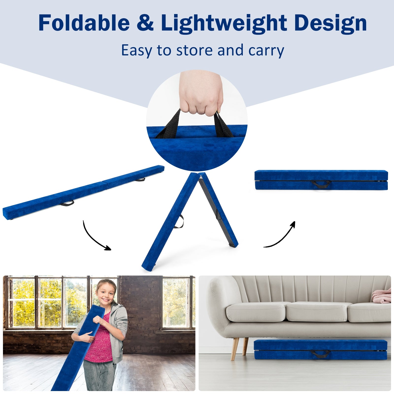 7 Feet Folding Portable Floor Balance Beam with Handles for Gymnasts-Blue