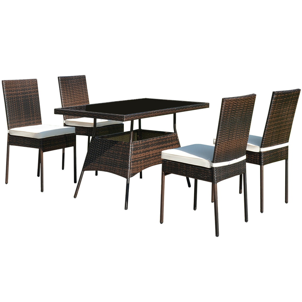 Ensemble de salle à manger 5 pièces en rotin avec table en verre et chaises à dossier haut