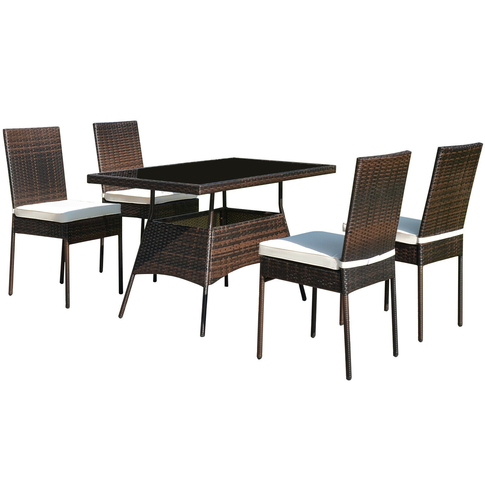 Ensemble de salle à manger 5 pièces en rotin avec table en verre et chaises à dossier haut
