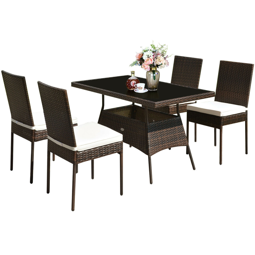 Ensemble de salle à manger 5 pièces en rotin avec table en verre et chaises à dossier haut
