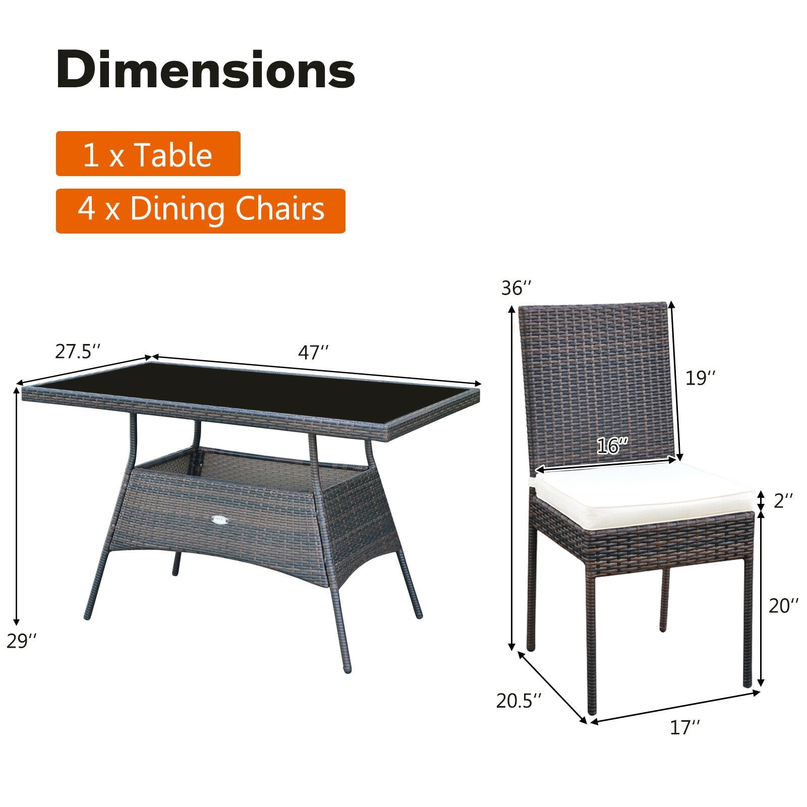 Ensemble de salle à manger 5 pièces en rotin avec table en verre et chaises à dossier haut