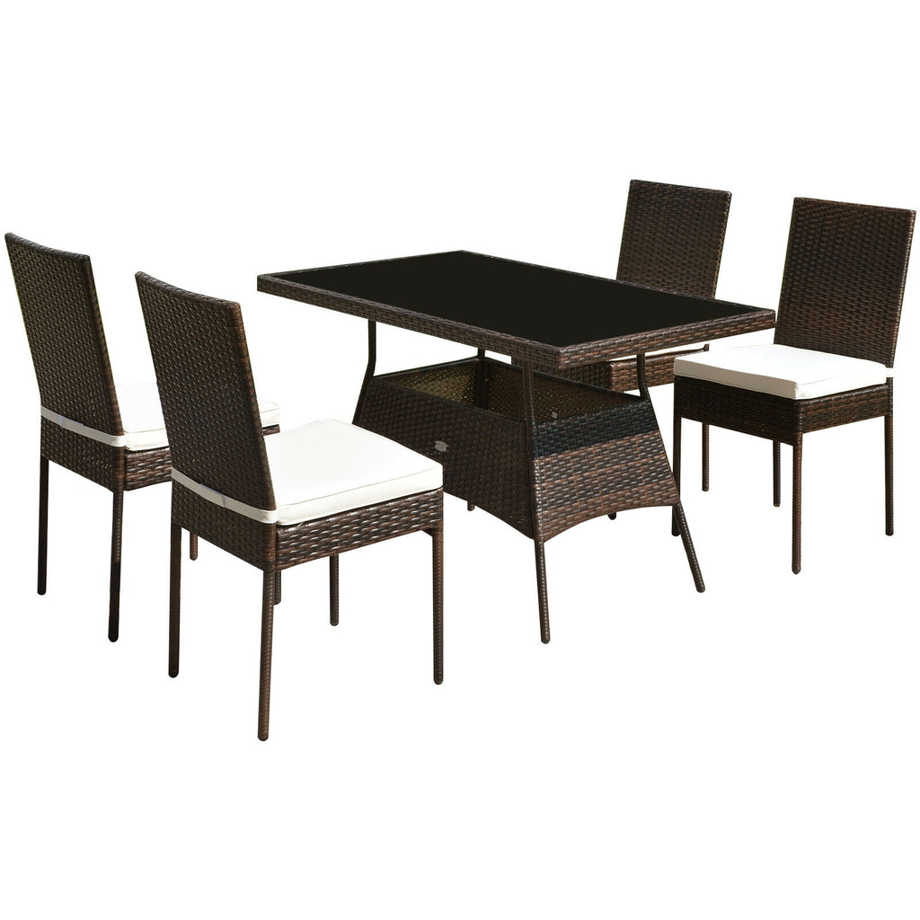 Ensemble de salle à manger 5 pièces en rotin avec table en verre et chaises à dossier haut