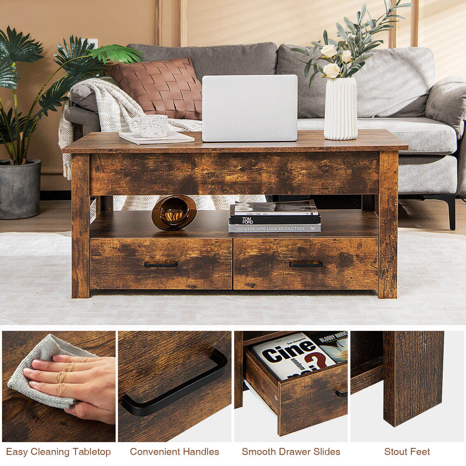 Lift Top Coffee Table with 2 Storage Drawers and Hidden Compartment-Rustic Brown