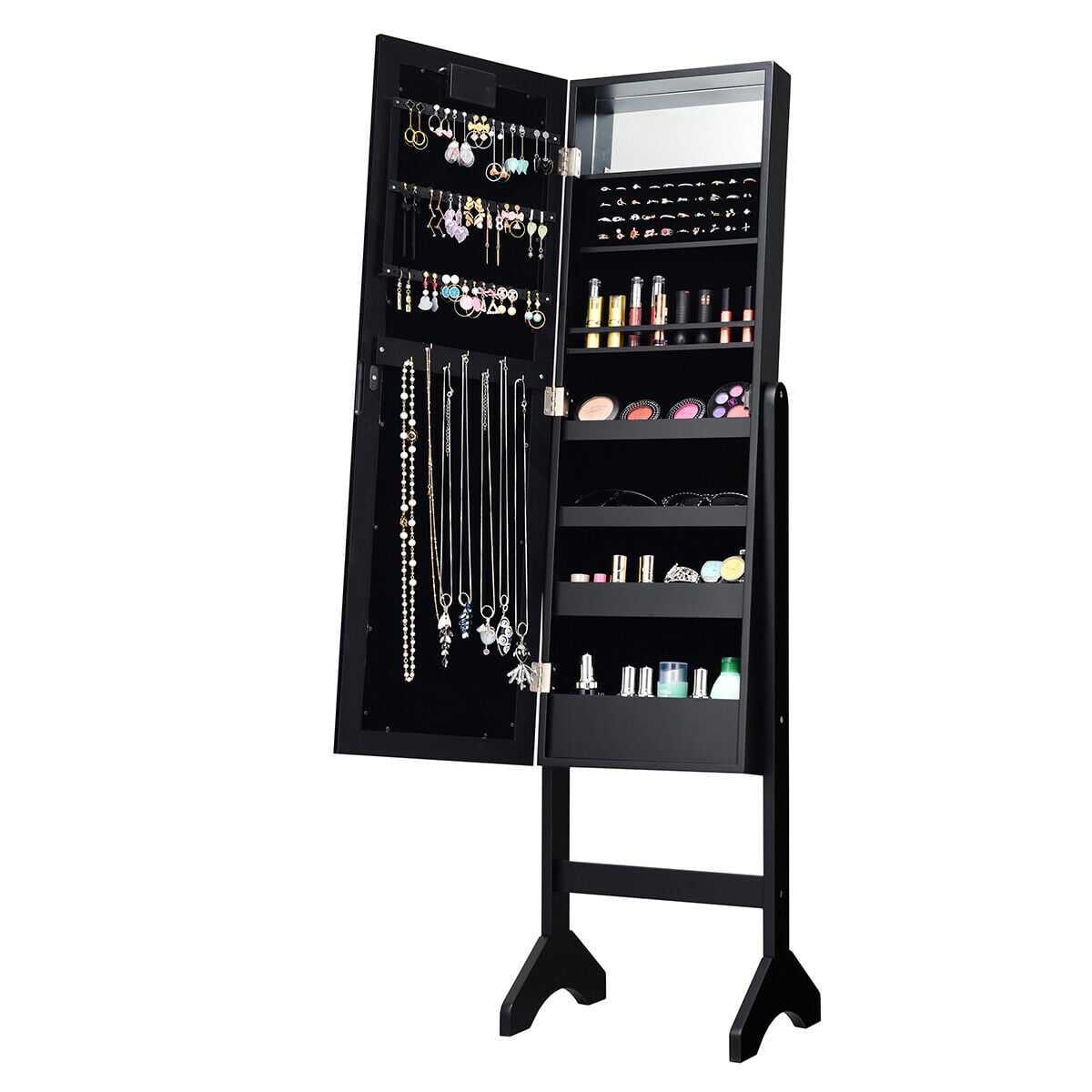 Mirrored Jewelry Cabinet Armoire Organizer w/ LED lights-Black
