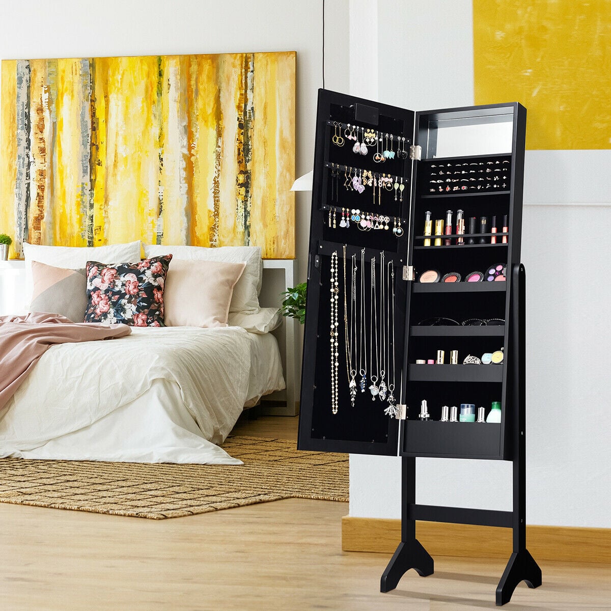 Mirrored Jewelry Cabinet Armoire Organizer w/ LED lights-Black