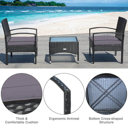 3 Pieces Patio Wicker Rattan Furniture Set with Cushion for Lawn Backyard-Gray