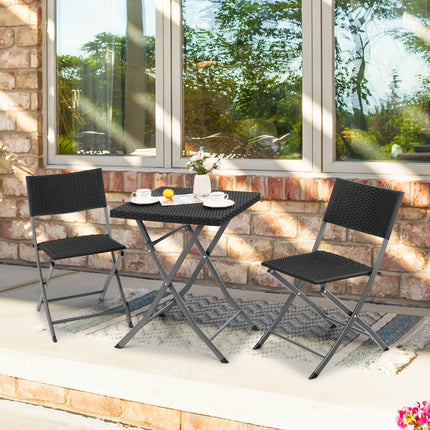 3 Pieces Patio Bistro Set with Folding Wicker Chairs and Table-Black