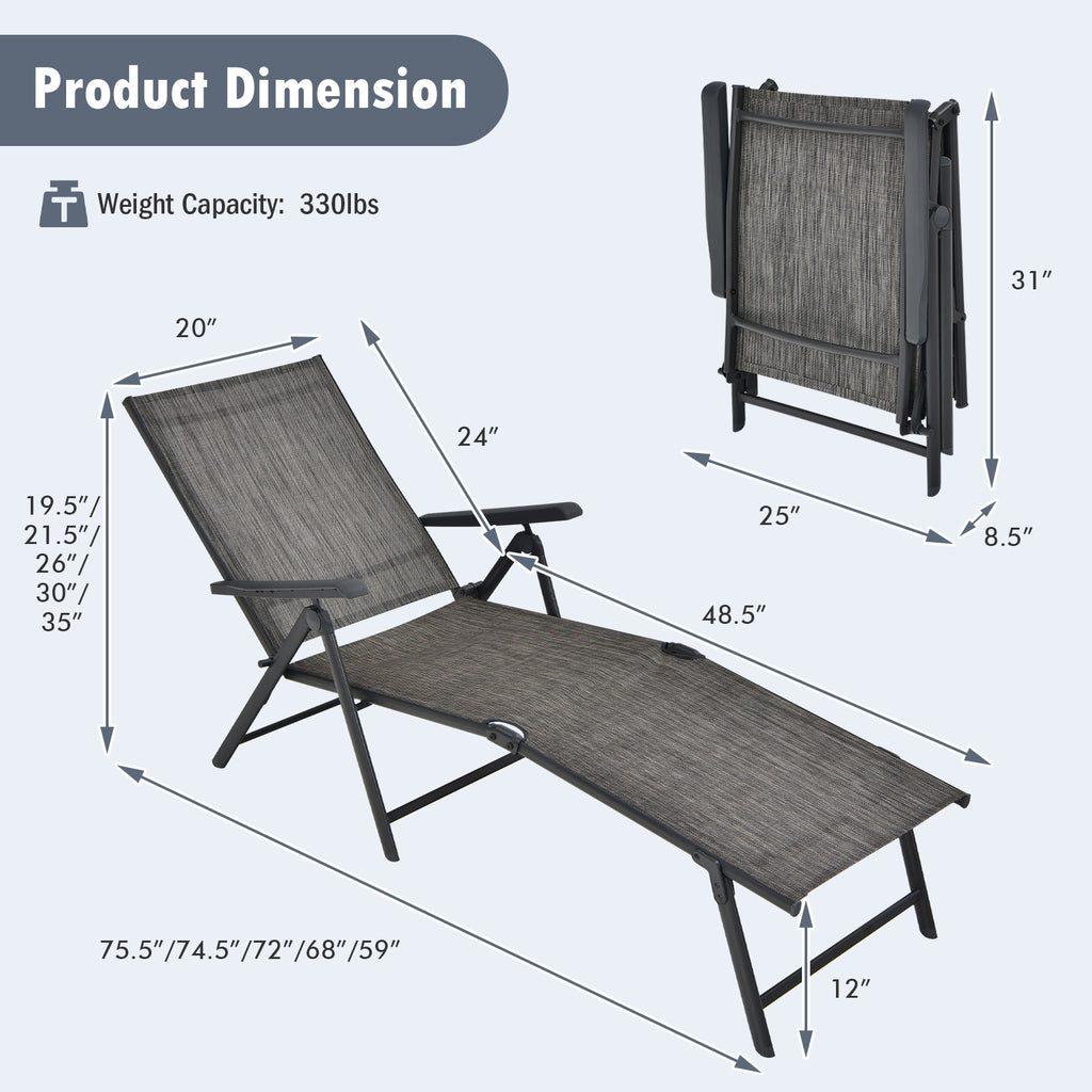 Chaise longue pliante de patio avec dossier et repose-pieds - Gris