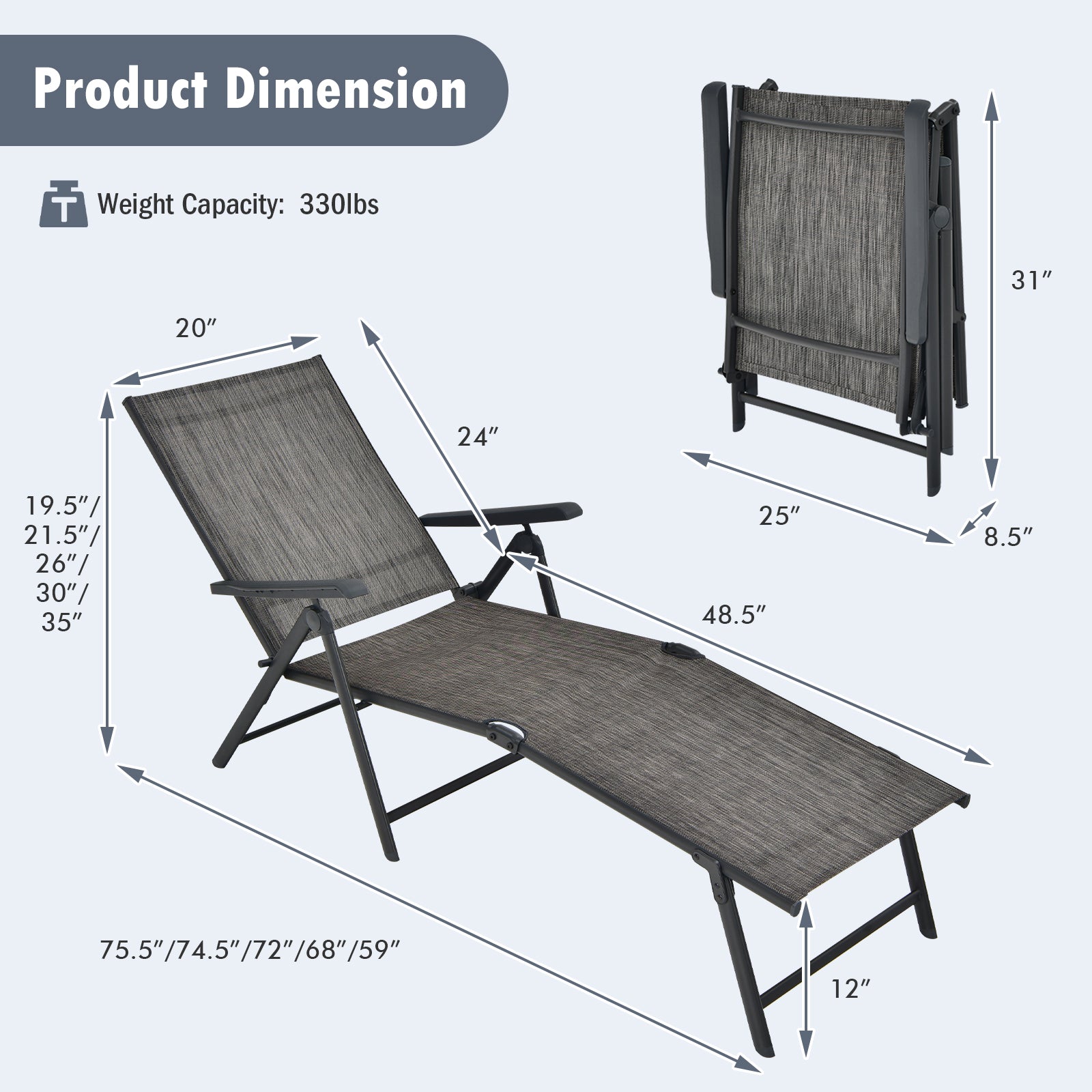 Chaise longue pliante de patio avec dossier et repose-pieds - Gris