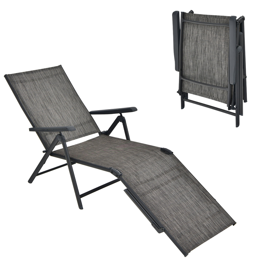 Chaise longue pliante de patio avec dossier et repose-pieds - Gris
