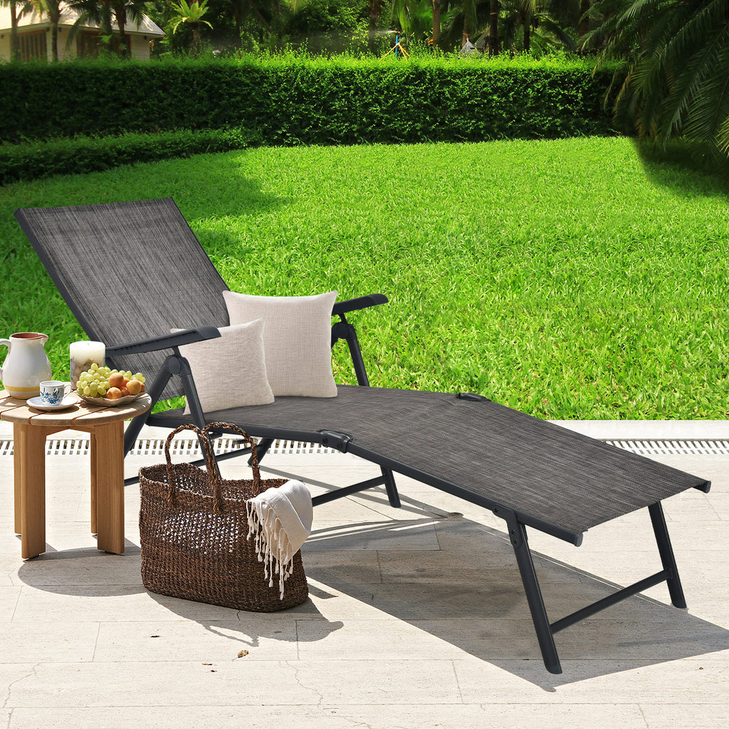Chaise longue pliante de patio avec dossier et repose-pieds - Gris